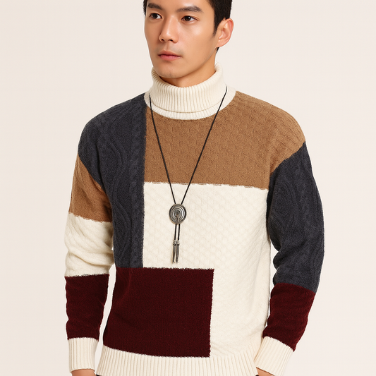Men’s Patchwork Knit Sweater | Loose Fit and Warm