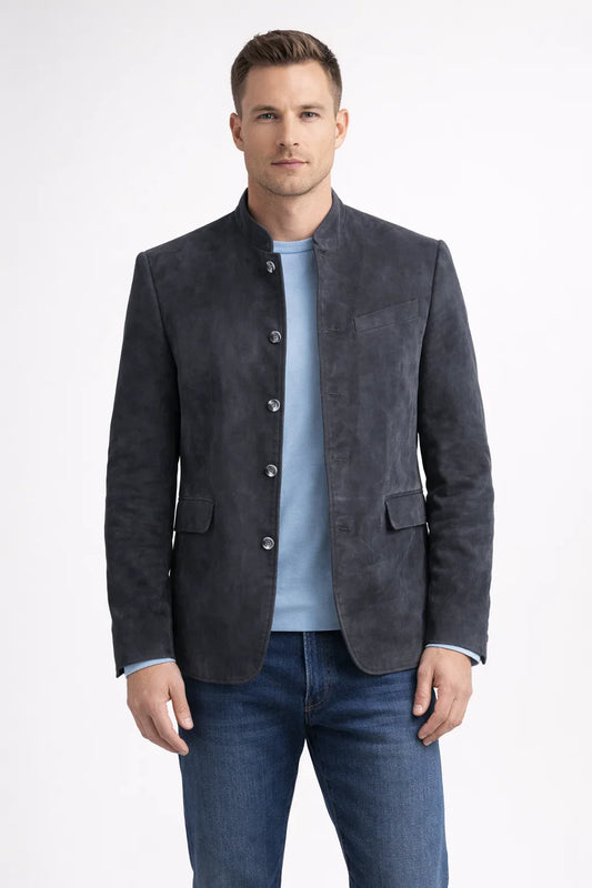 Suede-Look Men's Blazer with Stand-Up Collar