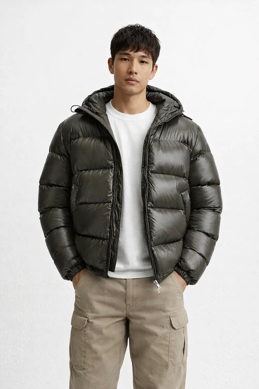 Men's Black Down Puffer Jacket with Hood