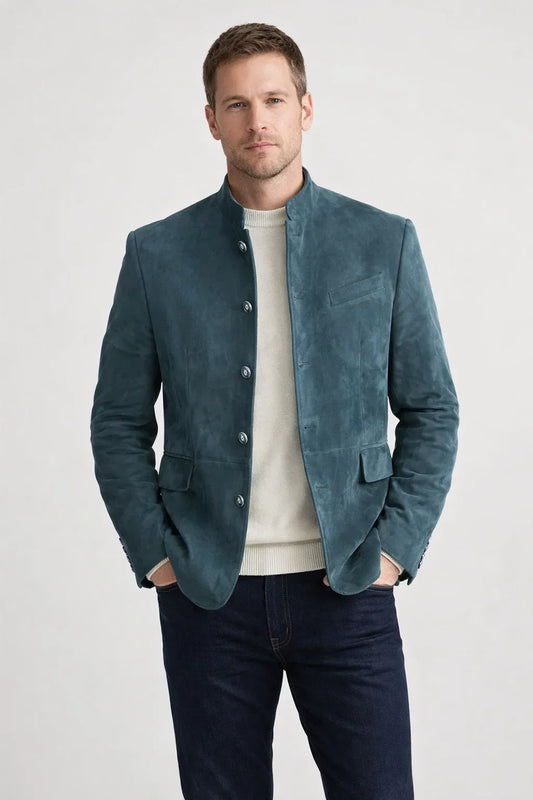 Suede-Look Men's Blazer with Stand-Up Collar